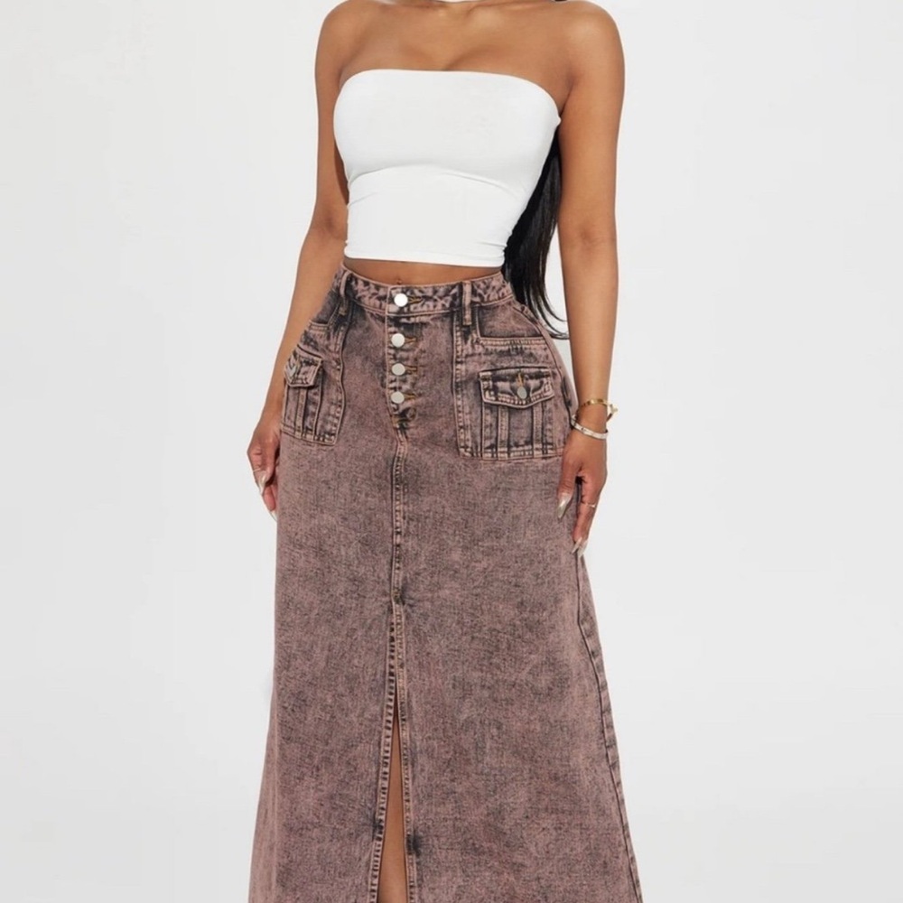 Fashion Nova Skirt Mineral Acid Wash Denim Maxi Skirt Slit Red Pink Black Grunge
